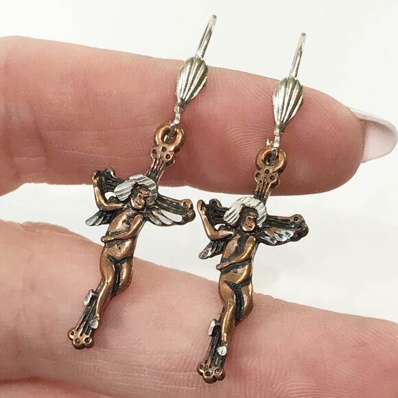 Artist Signed J96 Etched Copper Cherub Angel on Cross Drop Earrings - Picture 6 of 12